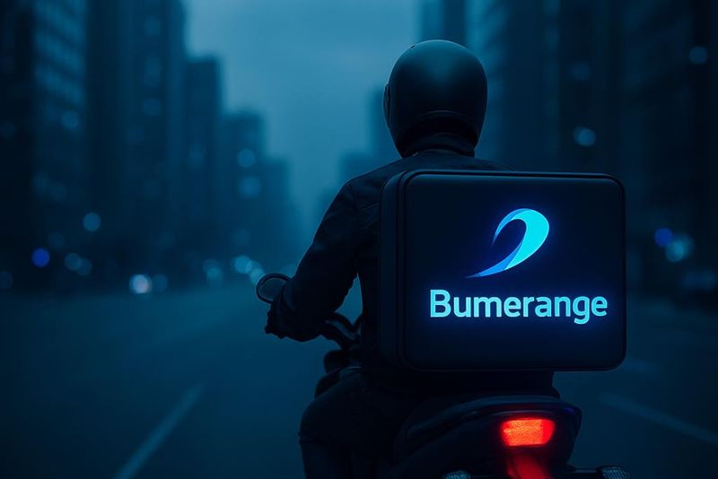 Entregador da Bumerange em uma moto, com a caixa de entrega brilhando com o logo.
